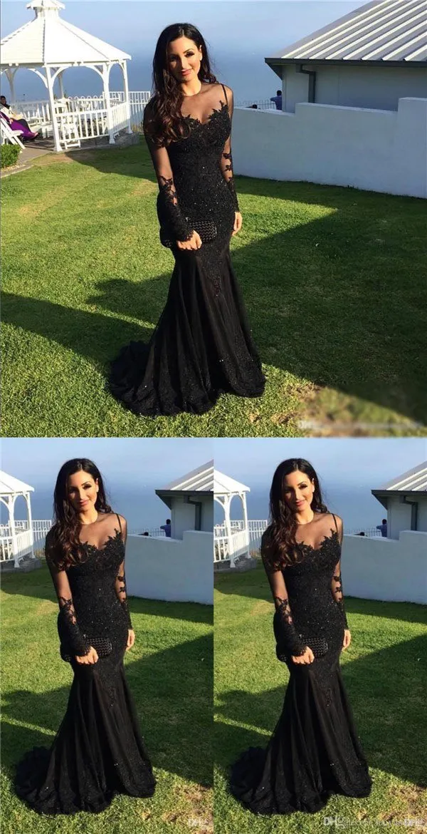 Black Lace Mermaid Popular Prom Dress, Sexy Fashion Dress, Long Sleeves Scoop Prom Dress, PD0435
