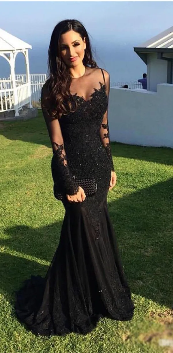 Black Lace Mermaid Popular Prom Dress, Sexy Fashion Dress, Long Sleeves Scoop Prom Dress, PD0435