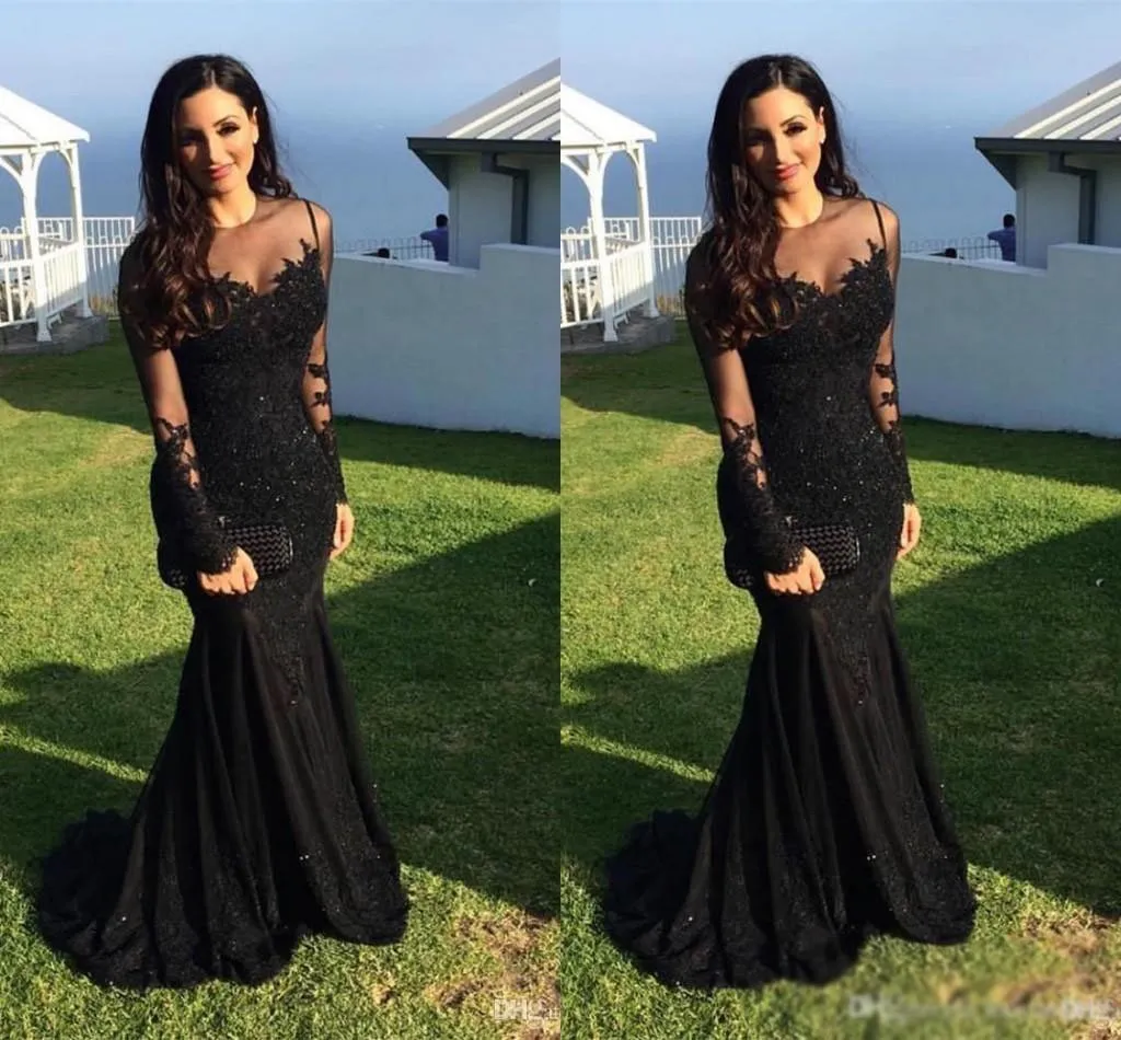 Black Lace Mermaid Popular Prom Dress, Sexy Fashion Dress, Long Sleeves Scoop Prom Dress, PD0435