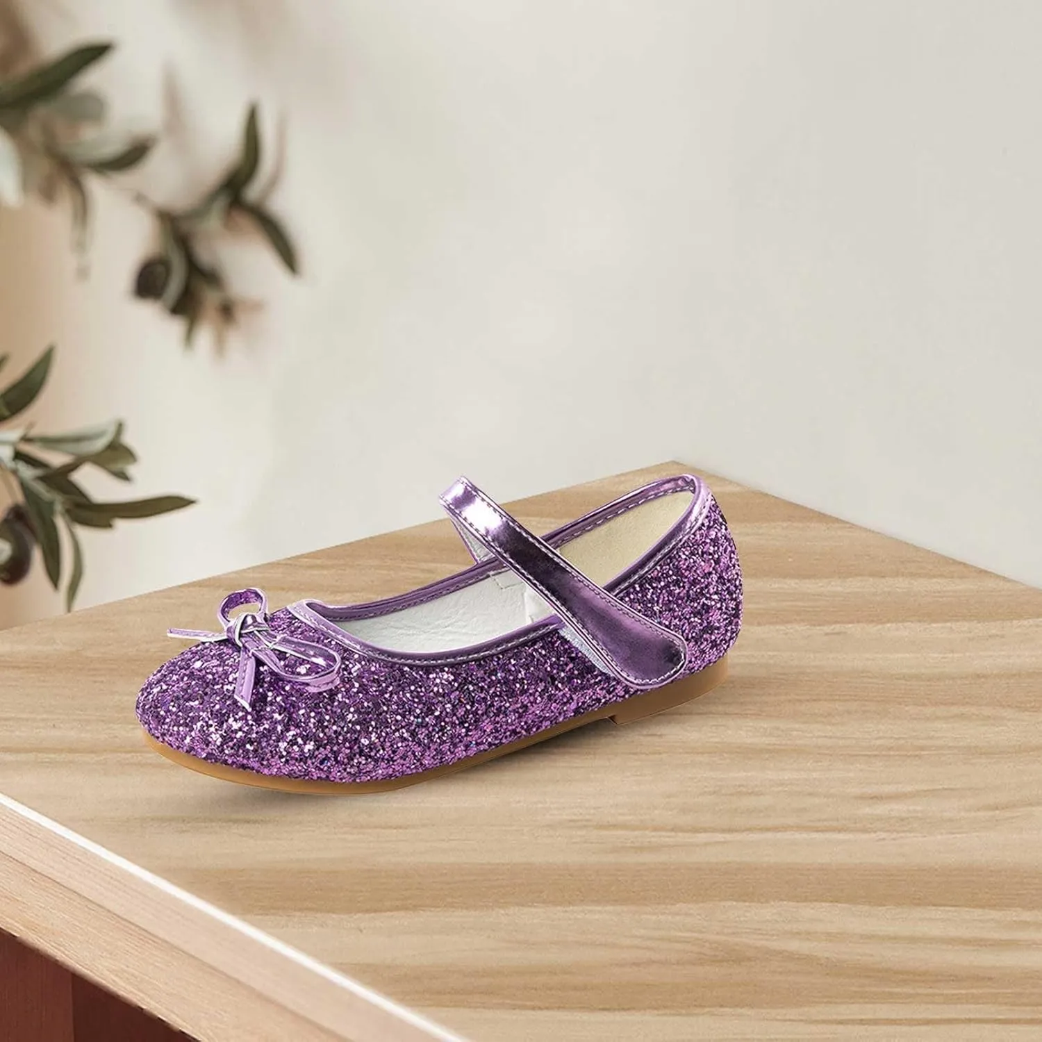 Girls Glittery Bowknot Dress Shoes Princess Low Heel Mary Jane Shoes for Toddler Little Girl Wedding Footwear
