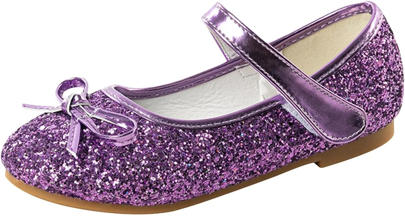 Girls Glittery Bowknot Dress Shoes Princess Low Heel Mary Jane Shoes for Toddler Little Girl Wedding Footwear