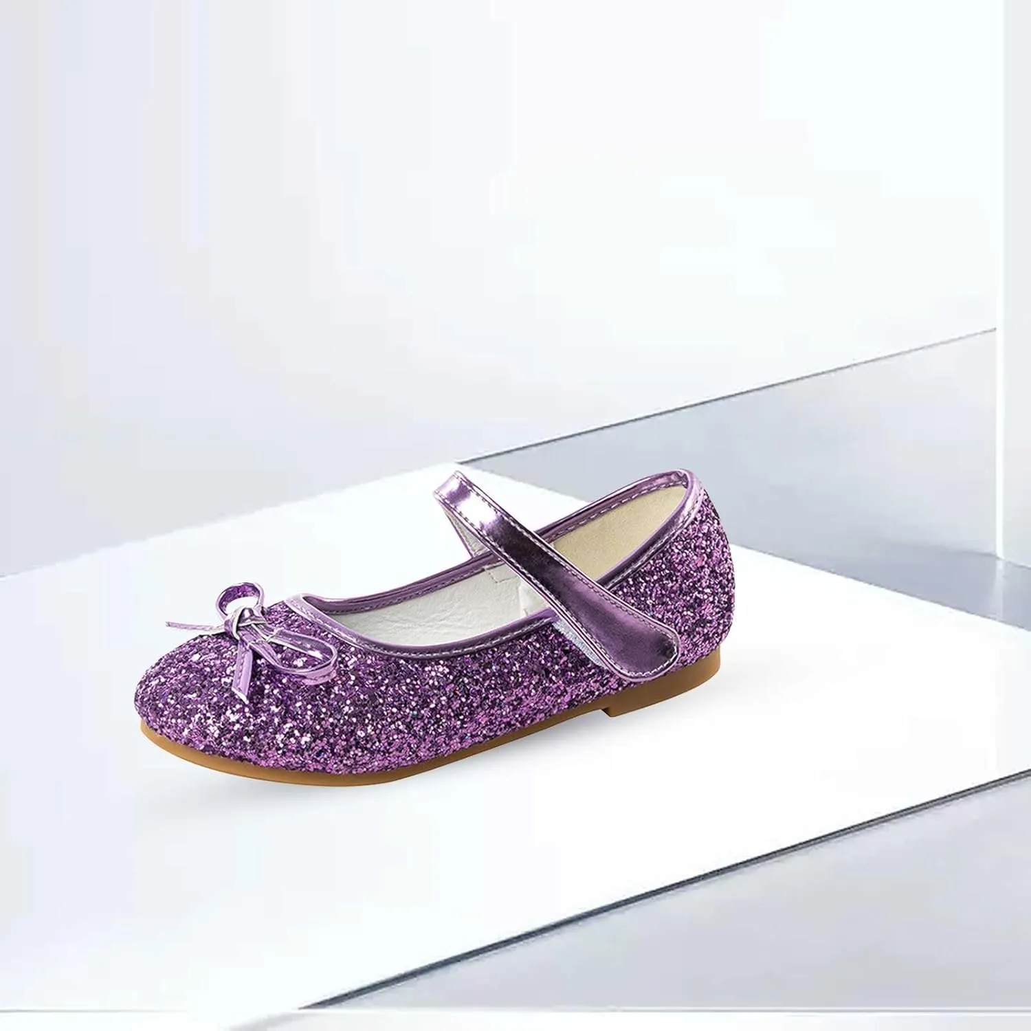 Girls Glittery Bowknot Dress Shoes Princess Low Heel Mary Jane Shoes for Toddler Little Girl Wedding Footwear