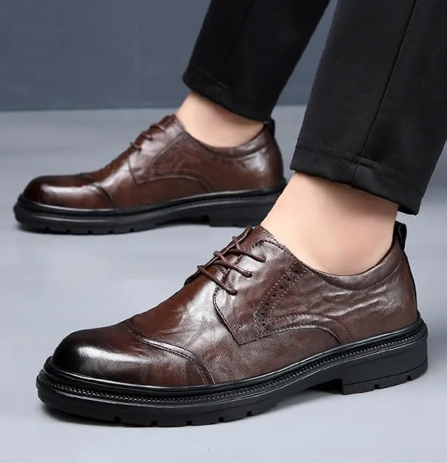 Men's Leather Casual Dress Shoes Mens Casual Business Oxford Shoes Men Lace Up Formal Derby Shoes(Brown,8)