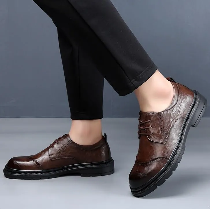 Men's Leather Casual Dress Shoes Mens Casual Business Oxford Shoes Men Lace Up Formal Derby Shoes(Brown,8)