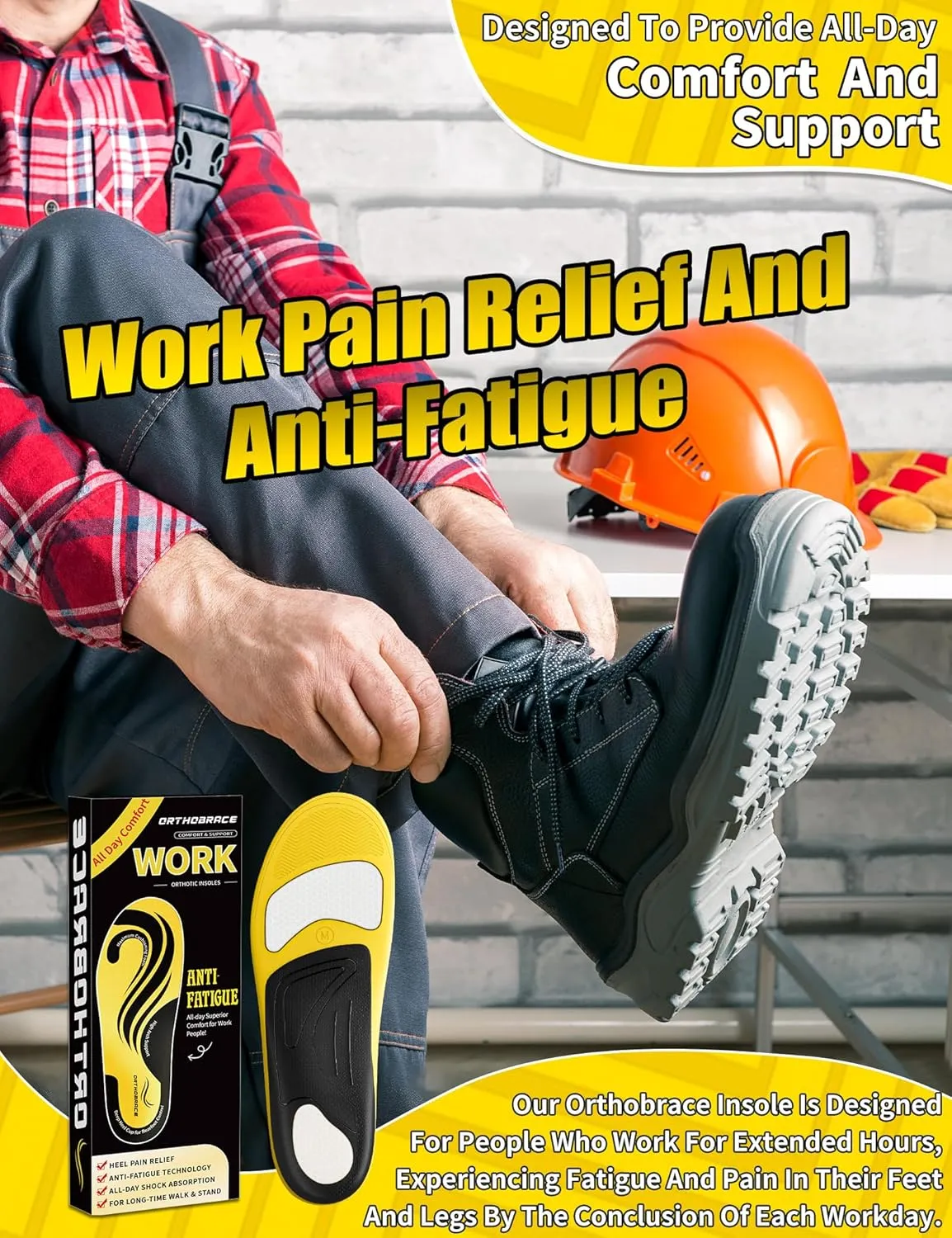 Work Boot Insoles for Standing All Day, Medium and High Arch Support Orthotic Shoe Inserts Relief Plantar Fasciitis, Heel Pain, Flat Feet, Men Women Anti Fatigue Work Insoles for Gel Pad-XS