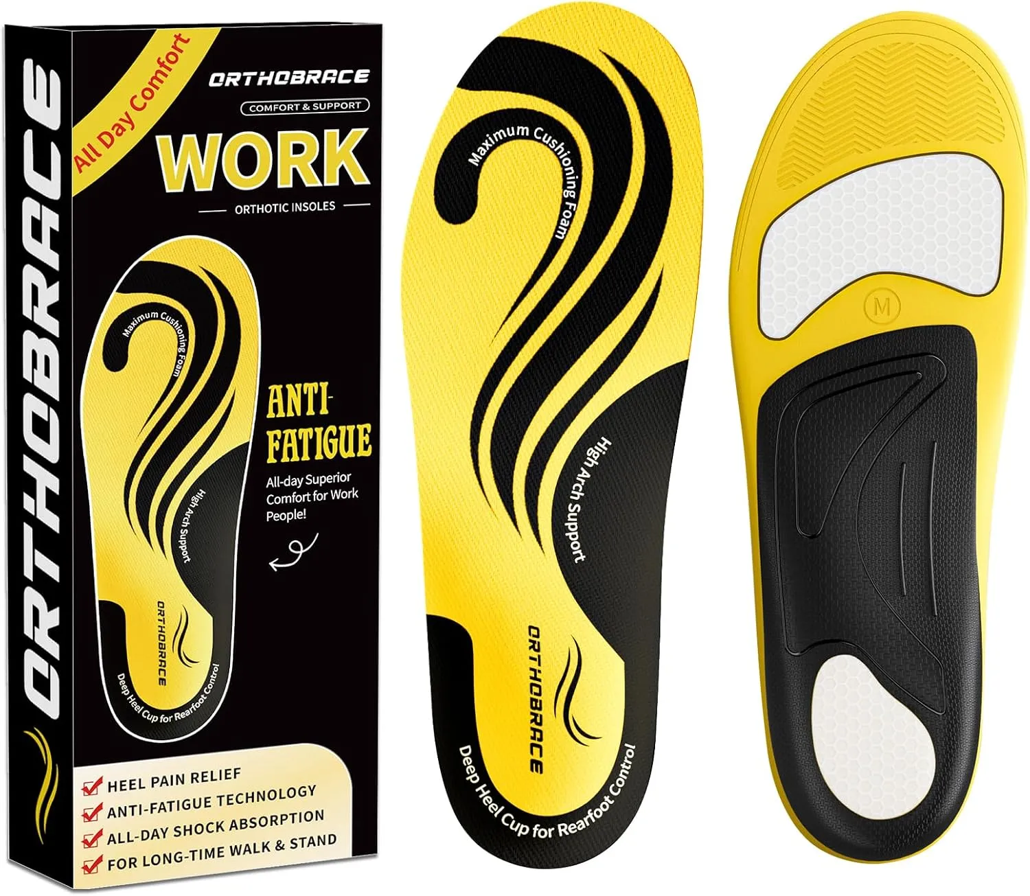 Work Boot Insoles for Standing All Day, Medium and High Arch Support Orthotic Shoe Inserts Relief Plantar Fasciitis, Heel Pain, Flat Feet, Men Women Anti Fatigue Work Insoles for Gel Pad-XS