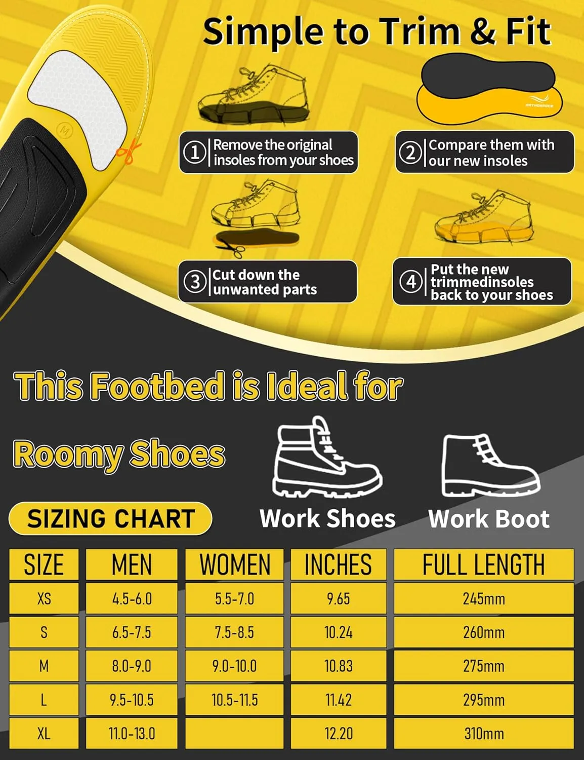 Work Boot Insoles for Standing All Day, Medium and High Arch Support Orthotic Shoe Inserts Relief Plantar Fasciitis, Heel Pain, Flat Feet, Men Women Anti Fatigue Work Insoles for Gel Pad-XS